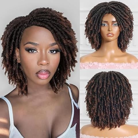 Dreadlock Wig For Black Women And Men Short Afro Twist Faux Locs Braided Wigs Glueless Synthetic Afro Curly Wigs (#1B30, 12 Inch) Cover