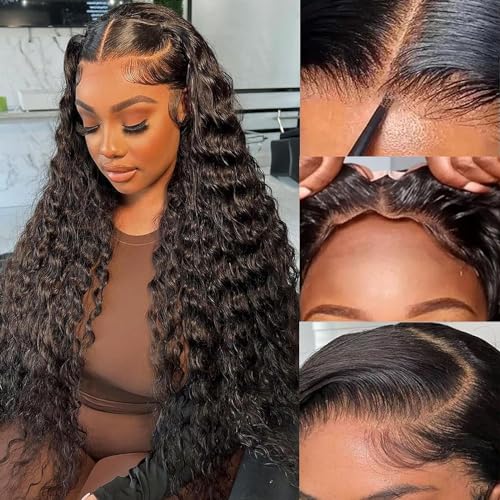 Uveous Wear and Go Glueless Wigs Human Hair Pre Plucked Pre Cut For Beginners 13x6 Deep Wave Lace Front Wigs Human Hair 180% Density HD Deep Curly Human Hair Lace Front Wig for Women(24 Inch)