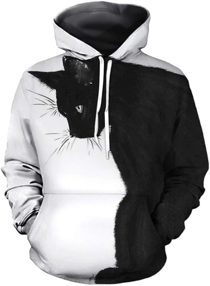 JSijepa Women Hoodie Sweatshirt Women and Men's Casual Black and White Cat Print 3D Sweatshirt Animal Print Couple Hooded Sweatshirt Top Causal Long Sleeve Color Clash Pullover Tunic Tops