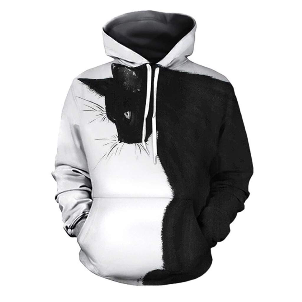 JSijepa Women Hoodie Sweatshirt Women and Men's Casual Black and White Cat Print 3D Sweatshirt Animal Print Couple Hooded Sweatshirt Top Causal Long Sleeve Color Clash Pullover Tunic Tops