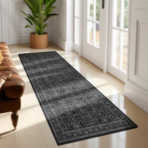 Jainmy Charcoal Black 2x6 Runner Rug for Hallways Entryway, Vintage Earth Tone Kitchen Bathroom Runner 6ft, Non Slip Washable Low Pile Thin Carpet Runner for Mudroom/Laundry Room/Bedroom Bedside