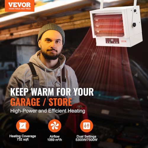Image of VEVOR Electric Garage Heater, 7500 Watt Digital Fan Forced Wall Ceiling Mount Shop Heater, Remote Control, Overheat Protection, Hardwired Heater with 9 Hour Timer, ETL Listed