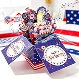 Happy Birthday Cards Fireworks, 250th Anniversary Birthday Card, American Flag Card, Lights, Music 3D Pop Up Birthday Cake Gift Card with Envelope & Note Tag for Veterans, Grandfathers, Fathers & Boys