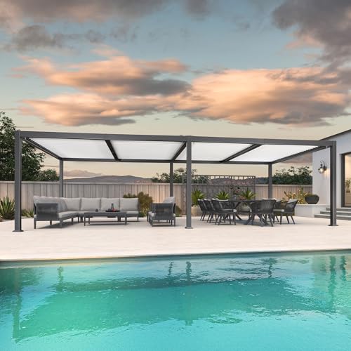 Pérgola bioclimática de 8,5 x 3,5 m, aluminio con listones ajustables, toldo gris, postes blancos, moderno toldo para patio al aire libre para decoración elegante de terraza y jardín