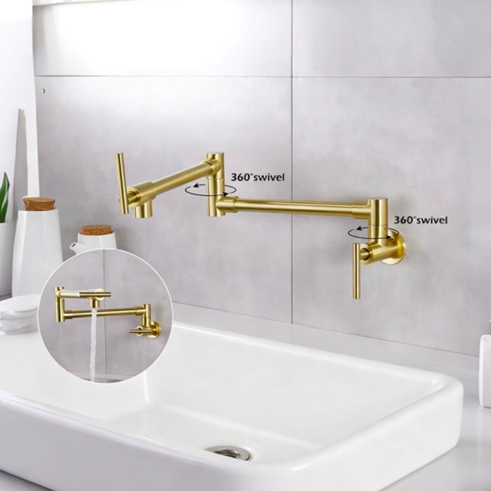 Pot Filler Faucet Brushed Gold, Wall Mount Folding Stretchable Kitchen Stove Faucets, Stainless Steel Pot Filler Faucet with Double Joint Swing Arm Two Handles