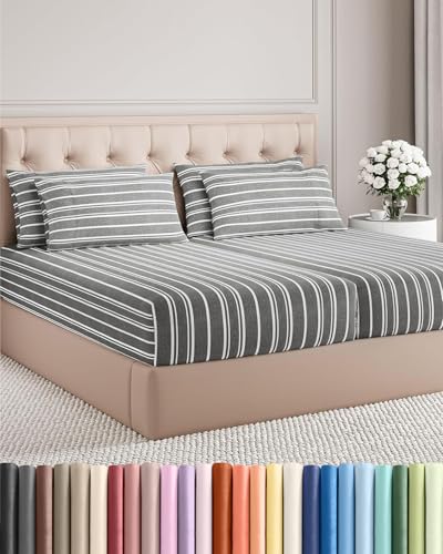 Image of Split King 7 Piece Bed Sheet Set - Breathable & Cooling - Grey Stripes | Ultra-Soft Hotel Luxury Bedding Set w / 8-16 Inch Deep Pockets, 1 Flat & 2 Fitted Sheet & 4 Pillowcases, Wrinkle & Fade Free