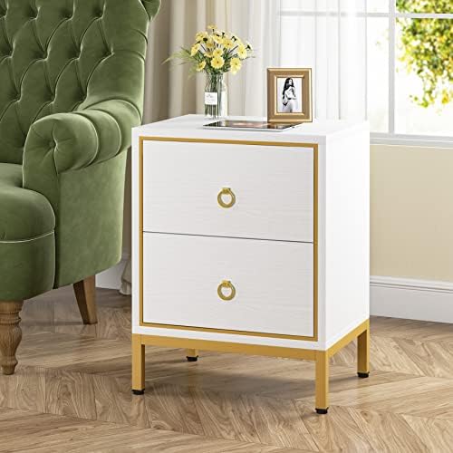 Tribesigns Bedside Table White & Gold Night Stand with 2 Drawers End Table with Storage, Tall Nightstand Modern Wood Bedside Furniture with Metal Frame for Bedroom