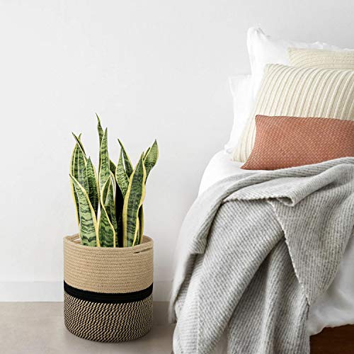 TIMEYARD Sturdy Jute Rope Plant Basket Modern Woven Basket for 11" Flower Pot Floor Indoor Planters, 12.5'' x 12.5'' Storage Organizer Basket Rustic Home Decor, Black and Beige Stripes