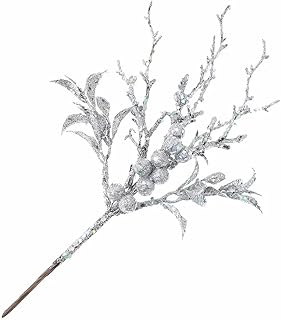 4 Pcs Christmas Berries Stems Artificial Silver Glitter Leaf Fake Plants Xmas Berry Pick Glitter Branches for Christmas Tree Ornaments Filler Crafts Vases Holiday Home Decor