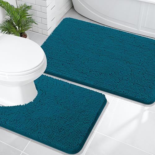 Image of OLANLY Bathroom Rugs Sets 2 Piece, Soft Absorbent Chenille Bath Mats and U-Shaped Contour Toilet Mat Area Rug Set, Machine Washable Bath Carpet, Home Decor Accessories(36 inchx24 inch+24 inchx20 inch, Peacock Blue)