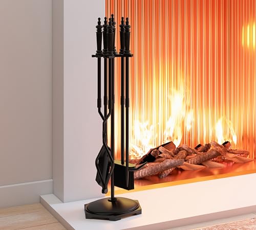 Kingson Fireplace Tools Set 5 Pieces Black Wrought Iron Fire Tool Set for Outdoor/Indoor Include Poker Shovel Brush Tongs and Stand Accessories Set by Kingson - Image 7