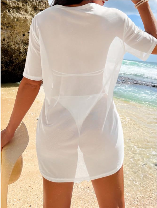 Women's Swimsuit Solid Color Transparent Mesh Cover Beach Solid Color Perspective Swimsuit Dress2