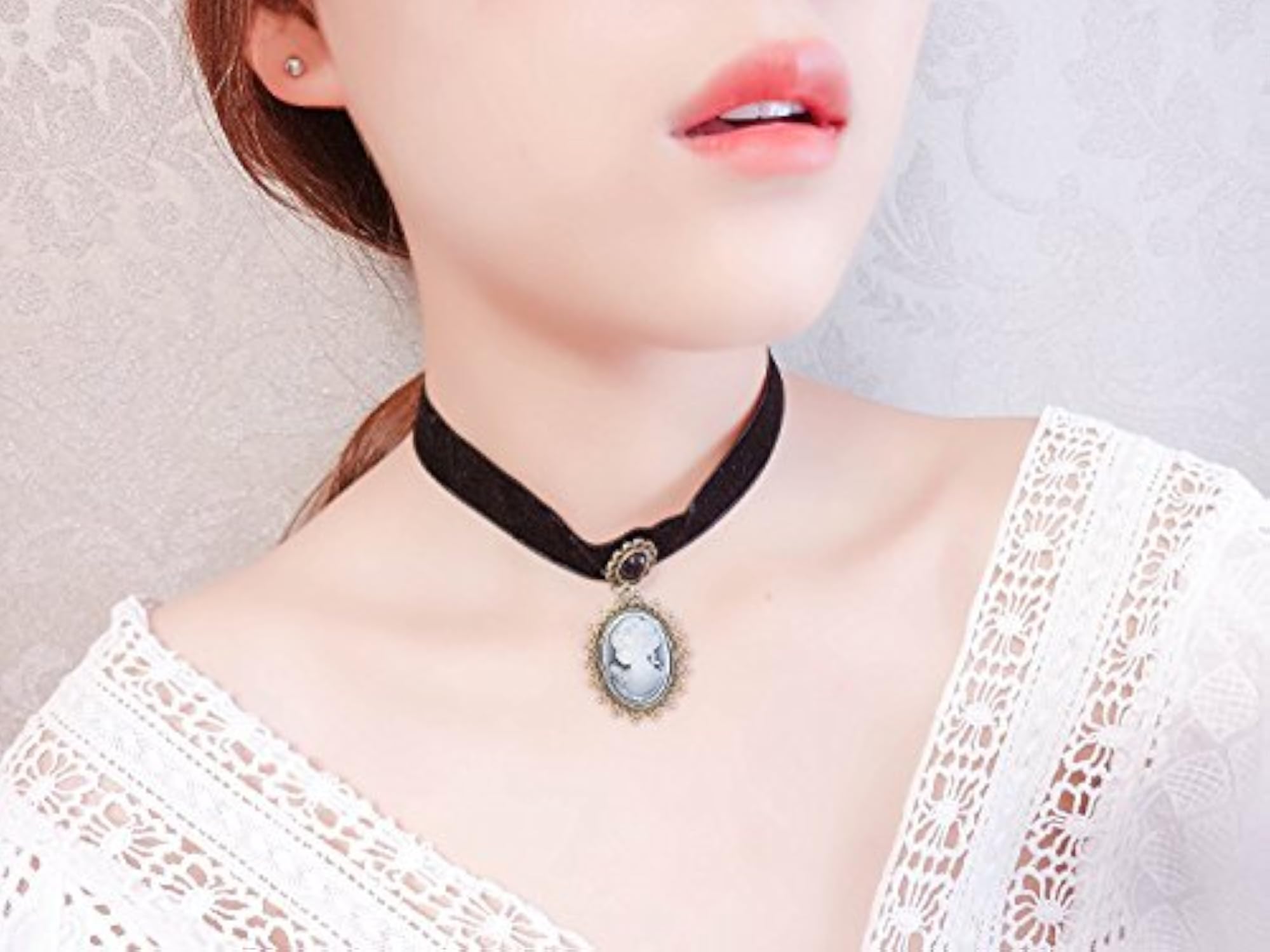 Women's Black Fabric Lace Chokers Stylish Necklace Combo Set