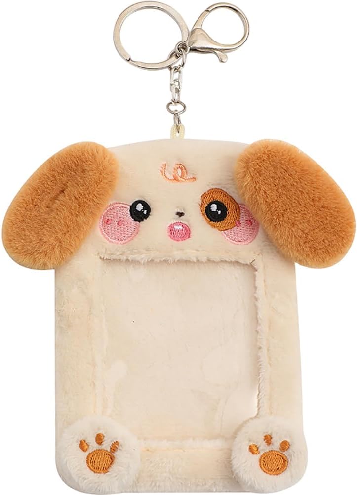 Plush Dog Photocard Holder Keychain 2.09X1.47X0.31 Inch Cute Card Sleeve for Kpop Fans Kids Student Id Protector Pendant