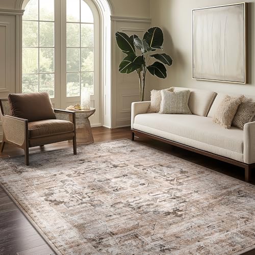 GENIMO 6x9 Area Rugs for Living Room, Machine Washable Non Slip Vintage Retro Rugs, Low Pile Lightweight Thin Print Rug for Bedroom, Dining Room, Home Office, Brownishi Drab