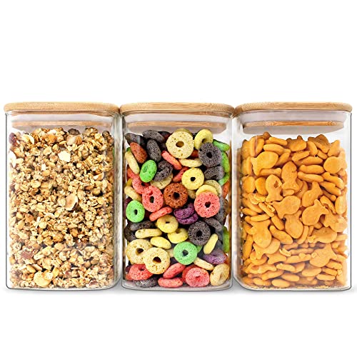 Glass Jar With Bamboo Lid, Square Shape Glass Jars With Airtight Lids, Glass Food Storage Container Set. Glass Canister Set For Kitchen, Glass Pantry Jars For Food Storage & Organization. Square Glass Jars (3 Pack Of 48Oz) #TOP10