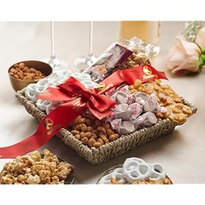 KREMERY Creamy Chocolate Cravings Purim Mishloach Manot Chocolate Covered Pretzels Caramel Popcorn Gift Basket in Seagrass Tray Ribbon Classic 15 lbs Birthday Sweet Treat Kosher Dairy