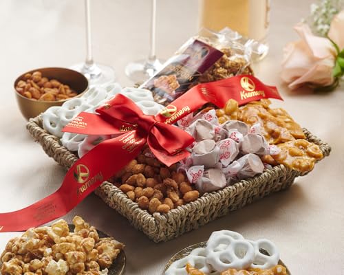KREMERY Creamy Chocolate Cravings Purim Mishloach Manot Chocolate Covered Pretzels Caramel Popcorn Gift Basket in Seagrass Tray Ribbon Classic 15 lbs Birthday Sweet Treat Kosher Dairy