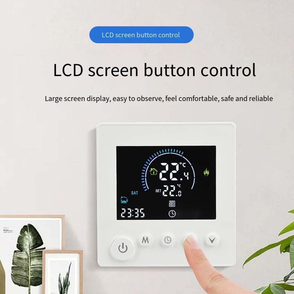Hand interacting with the Feegow Smart WiFi Thermostat's LCD screen and buttons
