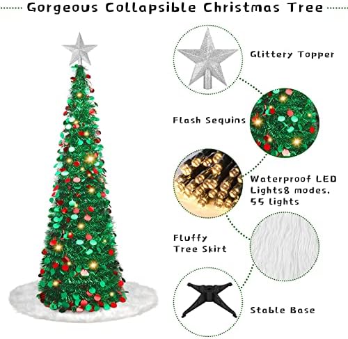Fovths 14 Inches Artificial Collapsible Christmas Tree Pop Up Green Tinsel with White Plush Skirt Tree Topper 55 Mix color LED Lights for Xmas Indoor Outdoor Decoration (Green, Red)