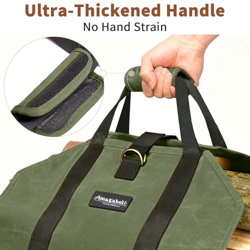 Amagabeli Firewood Carrier Waxed Canvas Log Tote Carrying Bag Heavy Duty Fire Large Wood Fireplace Carrier Bag with Handles for Camping Firewood Log Holder Wood Sling Cabin Stove Accessories Green