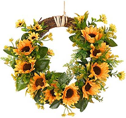 LAMF Artificial Sunflower Summer Wreath, 12 Inch Decorative Floral Wreath