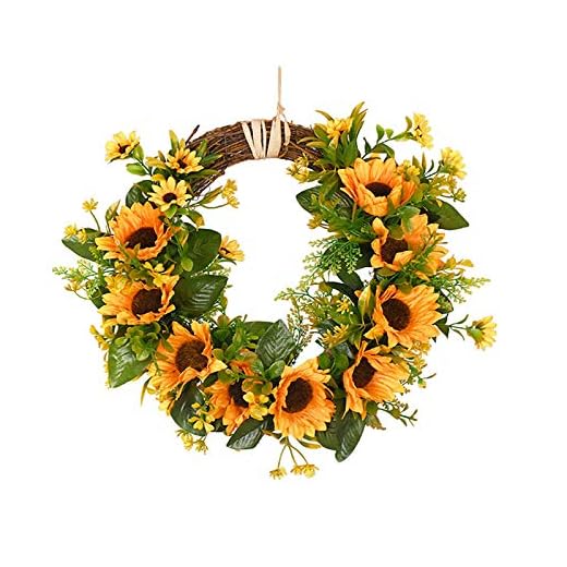 Konstgjord solroskrans, ytterdörrskrans Sommargul krans med gröna löv, stor blomsterkrans för fönster utomhus bondgård Väggdekor, 11,8 tum (Size : 30cm/11.8inch)