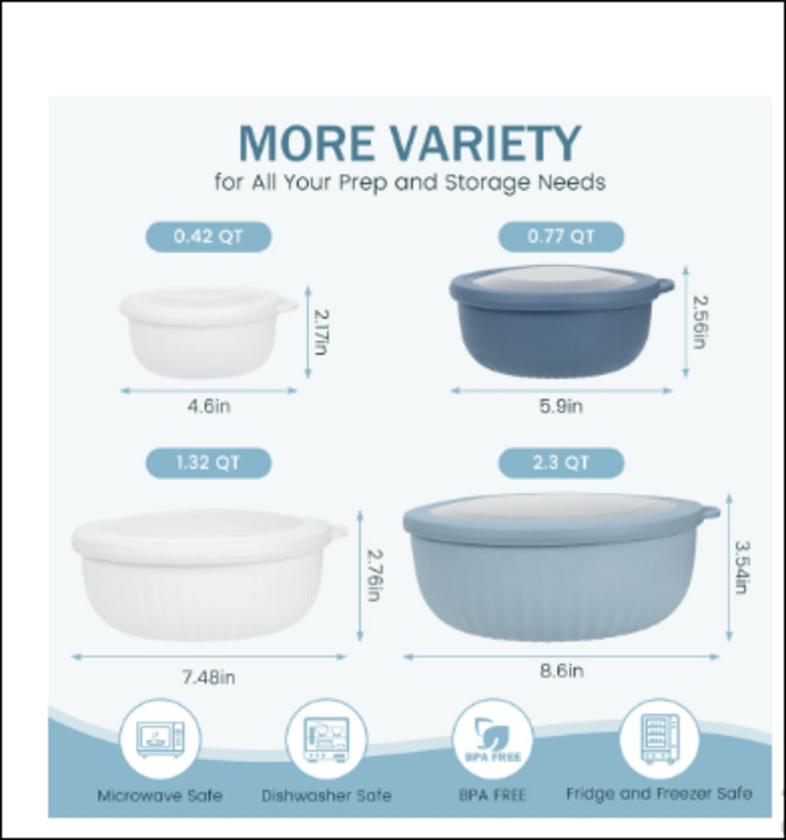 Wide Mixing Bowl Set with Lids, 8-Piece – Blue/White