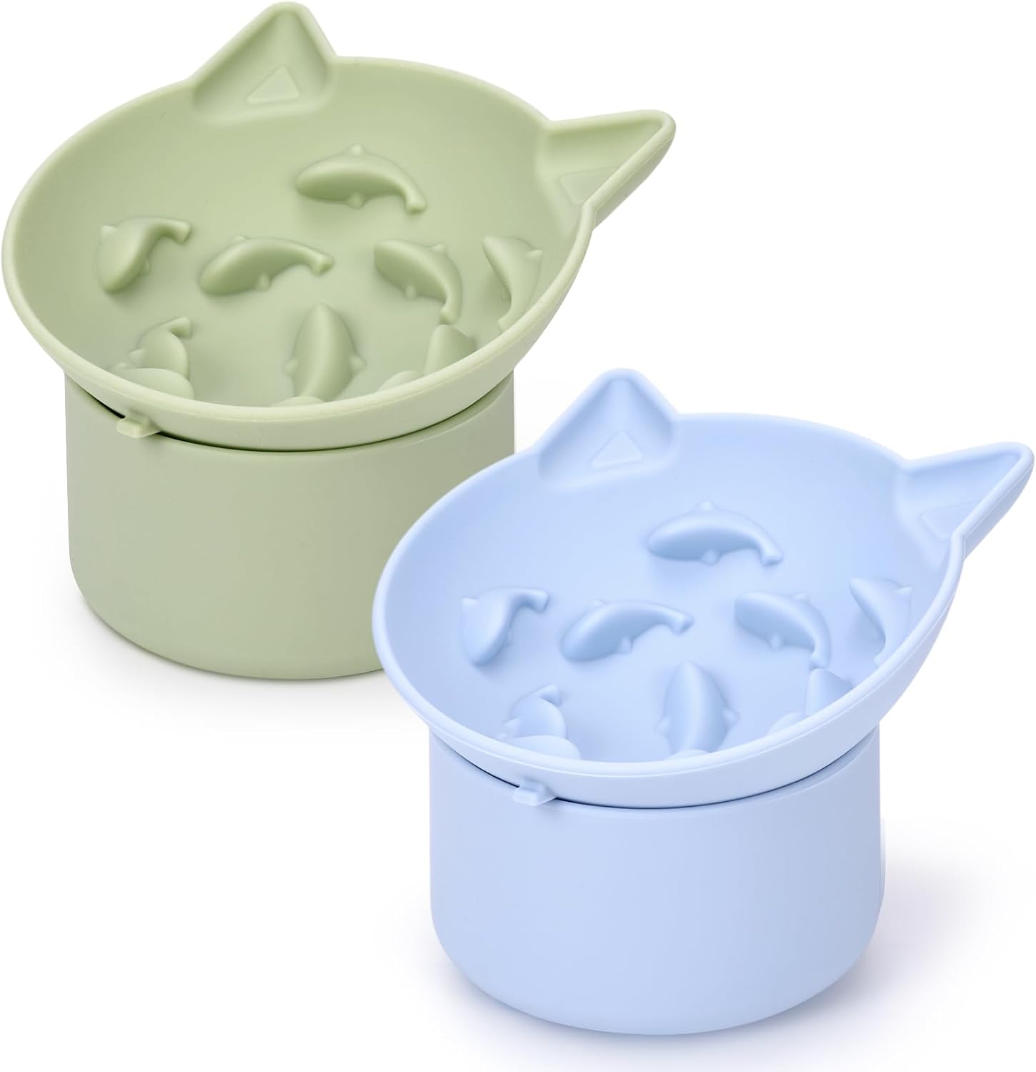 Funnymoom 2 Pack Silicone Cat Slow Feeder, Elevated Slow Feeder Cat Bowl for Dry and Wet Food, Tilted Design with Non Slip Base, Adjustable Angle for Pet(Green and Blue)