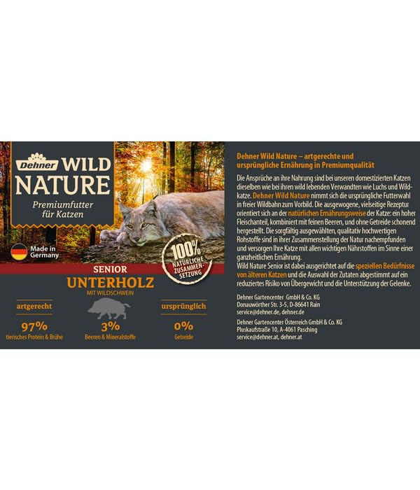 Dehner Wild Nature Katzenfutter Unterholz, Nassfutter getreidefrei / zuckerfrei, für ältere Katzen, Wildschwein, 6 x 200 g Dose (1.2 kg)