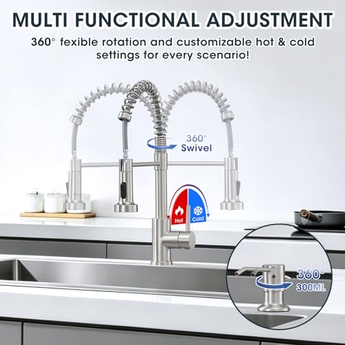 Image of Kitchen Faucet with Soap Dispenser, Brushed Nickel Kitchen Sink Faucet with Sprayer 304 Stainless Steel Single Handle Dual Function Spring Commercial for Farmhouse Camper Laundry RV Bar