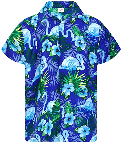 King Kameha Funky Camisa-Hawaiana, Manga-Corta, Flamingo-Flowers, Azul-Turquesa, XL