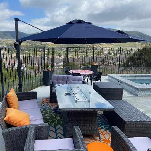 PURPLE LEAF 11 Feet Patio Round Cantilever Umbrella with Base Outdoor Aluminum Offset Umbrella with 360-degree Rotation for Pool Patio Garden Deck Navy Blue