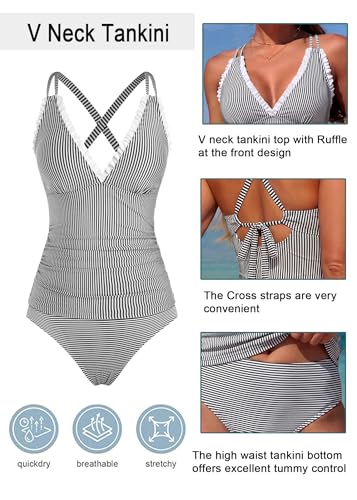 Jullumi Womens Swimsuits Tankini Smocked 2 Piece Bathing Suit Modest Full Coverage Swimsuit Tummy Control High Waisted Slmming Adjustable Straps Tie Back Tankinis Swimwear 2026 (Black Striped XXL) — view 4