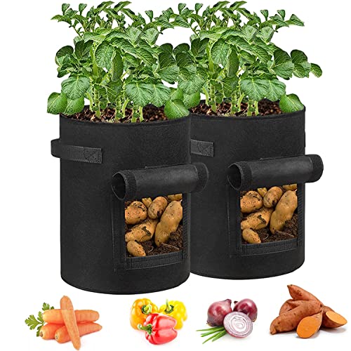 2 Pcs 7 Gallon Potato Grow Bags, Breathable Fabric Plant Vegetable Growing Bag Garden Planter Pots Container with Window Flap and Strap Handles for Potato Tomato Carrot Vegetable Nursery Garden