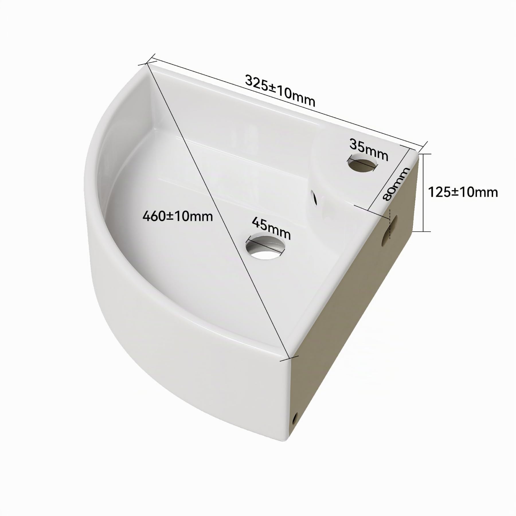Lavabo angolare piccolo in ceramica, 460 x 330 mm, bianco, piccolo lavandino per ospiti, WC e piccoli bagni, montaggio a parete o con foro per rubinetto e troppopieno, design moderno e sottile