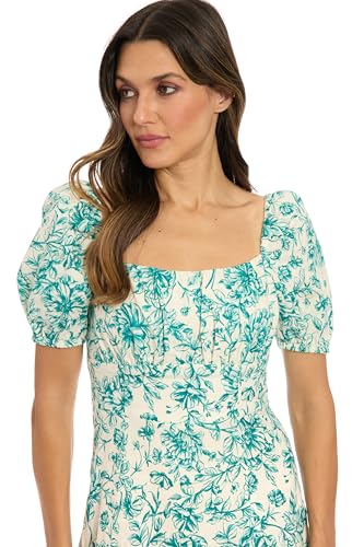 Image of London Times Womens Square Neck Smocked Back Linen Blend Flattering Versatile Spring Summer Garden Party