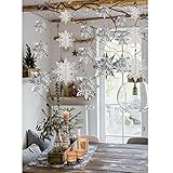 Crafare Christmas 3D Hanging Snowflakes Ornaments 3 Size 18PCS White Silver Snowflakes Hanging Garland for Winter Wonderland Holiday New Year Party Home Decoration