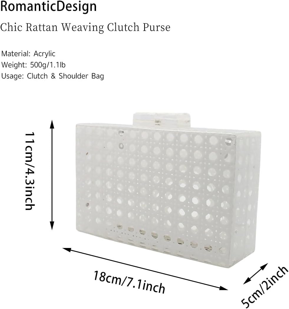 RomanticDesign Women Acrylic Handbag Rattan Woven Pattern Square Box Crossbody Handbag Shoulder Bag Chain Purse