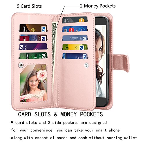 Njjex Lg K10 2018/Lg K30 Wallet Case, Lg Premier Pro Lte/Xpression Plus/K30 Plus/Harmony 2/Lg Phoenix Plus Case, Pu Leather [9 Card Slots] Id Credit Kickstand Detachable Magnetic Flip Cover -Rose Gold #TOP1