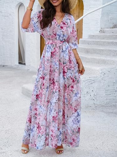 Womens Half Sleeve Wrap V Neck Chiffon Floral Casual Maxi Dress Spring Summer Wedding Guest Dresses for Women 20253