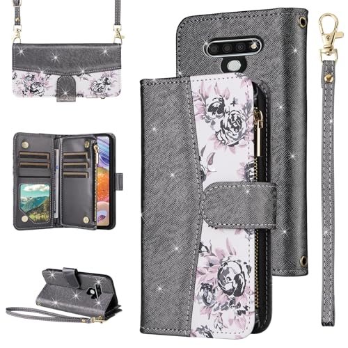 Furiet for LG Stylo 6/Stylo6 Plus/K71 Stylus Floral Wallet Case Flip Zipper Purse Wrist Strap Shoulder Strap, Glitter Card Holder Stand Phone Cover for LGStylo6 6+ 6plus Style 06 Six 2020 Black