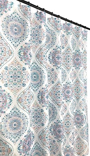Hudson & Essex Floral Damask Fabric Shower Curtain: Elegant Moroccan Teal Blue Purple Orange on White