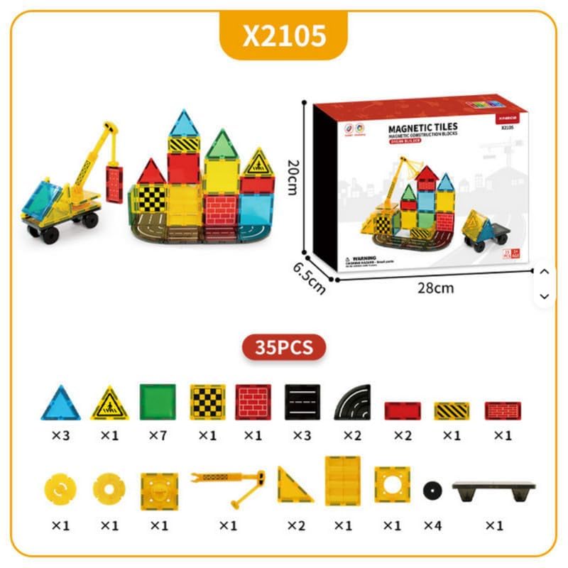 Image of 35 PCS Magnetic Tiles Construction Building Blocks Set with Crane | Colorful Magnetic Blocks | STEM Educational Learning Toy for Kids Boys & Girls Age 3+