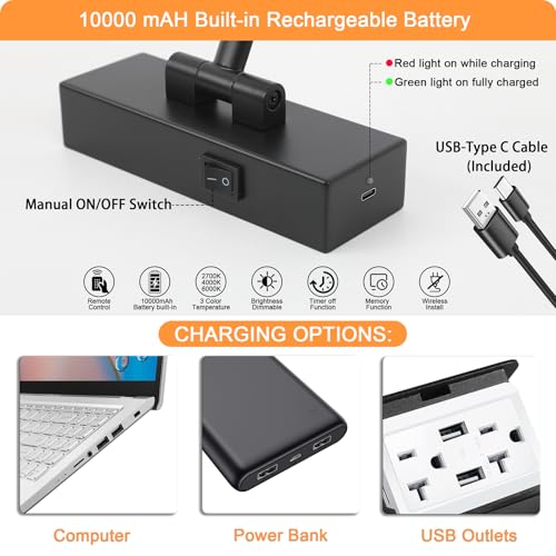Image of Tassuowell Picture Light Battery Operated with Remote, 3CCT Dimmable Picture Light for Paintings, Black Rechargeable 24 inch Battery Operated Wall Sconce for Art Lighting Gallery Portrait Artwork