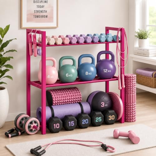 Image of WINSTAR 3-Tier Adjustable Dumbbell Rack | Heavy-Duty Home Gym Weight Storage Stand for Dumbbells & Kettlebells | Space-Saving Home Gym Organizer (Rack Only, Fuchsia Pink, 31x31 in)