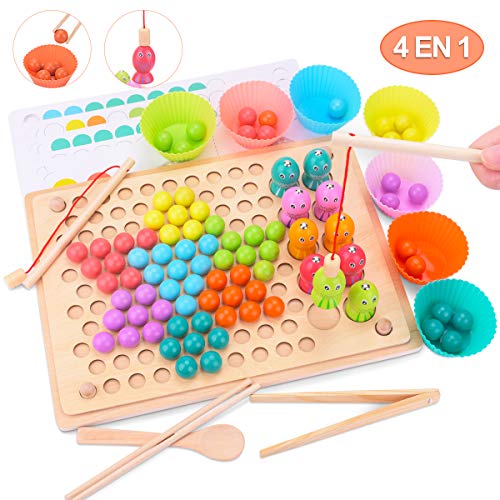 Juguete de Madera Niños, Juego de Pesca Magnética Juego de Cuentas de Clip, Creativo Juguete Educativo para Niños y Padres, Educación Temprana Palillos Cuentas Rompecabezas Manos Cerebro Entrenamiento
