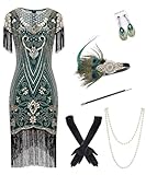 867A - Plus Size 1920s Vintage Fringed Gatsby Sequin Beaded Tassels Hem Flapper Party Prom Cocktail Dress with Accessories (Green Gold with Accs, 4X)
