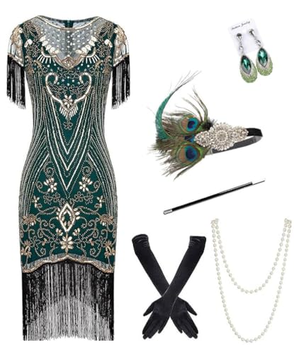 867A - Plus Size 1920s Vintage Fringed Gatsby Sequin Beaded Tassels Hem Flapper Party Prom Cocktail Dress with Accessories (Green Gold with Accs, 4X)
