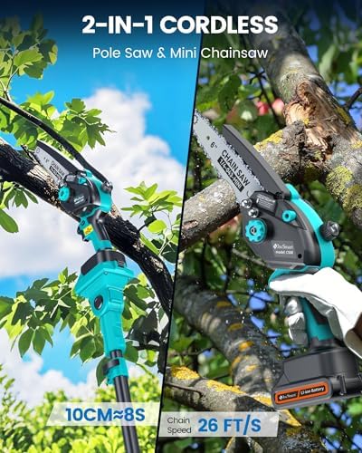 Pole Saw for Tree Trimming, 6" Brushless Mini Chainsaw Cordless with Extension Pole & 2 Batteries, Electric Chain Saw & Pole Prunner for Cutting Tree Limbs Branches, Ideal Gardening Gifts for Men - 1